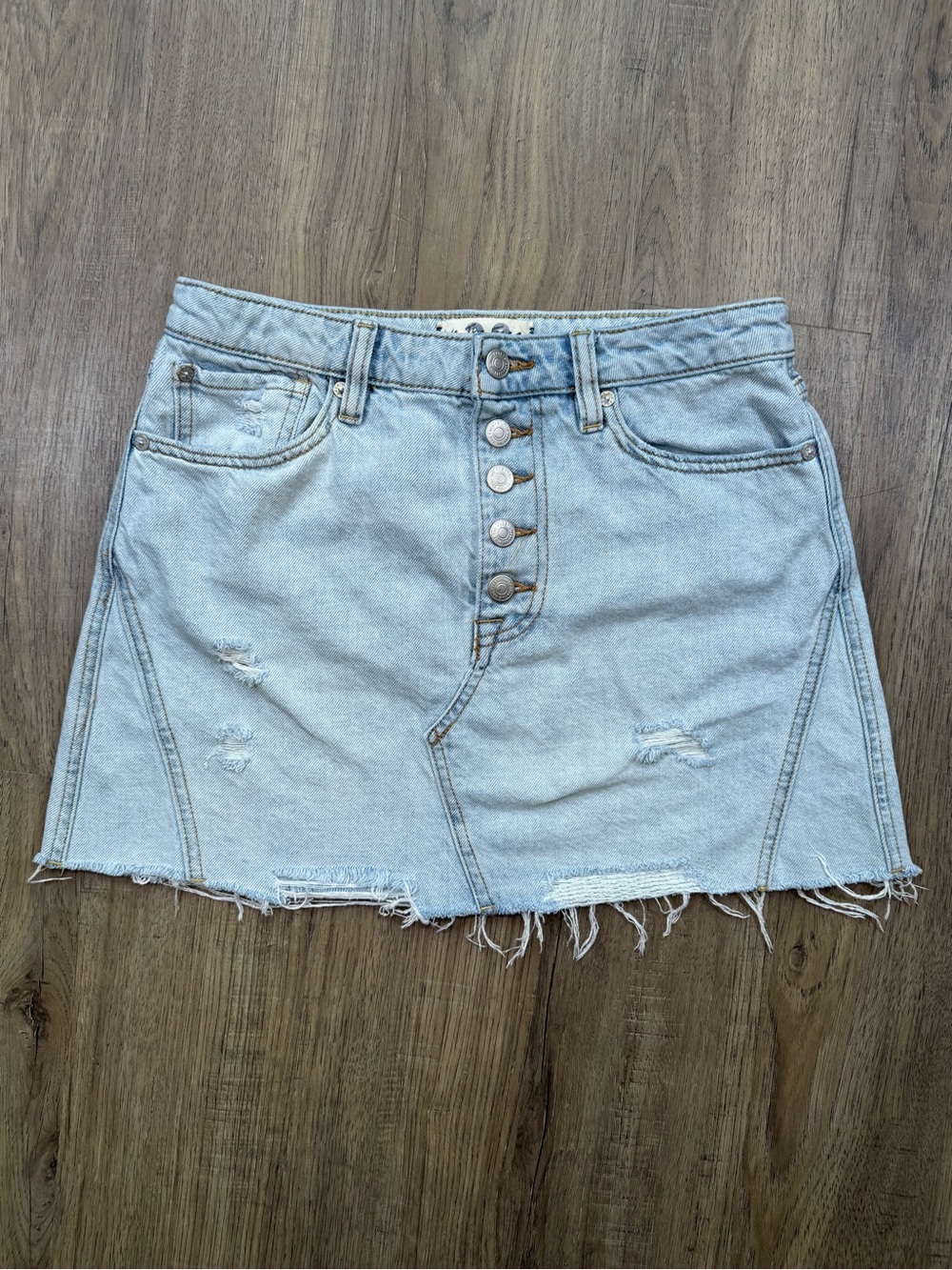 We The Free (Free People) Distressed Denim Mini Skirt, Light Wash, Size 28
